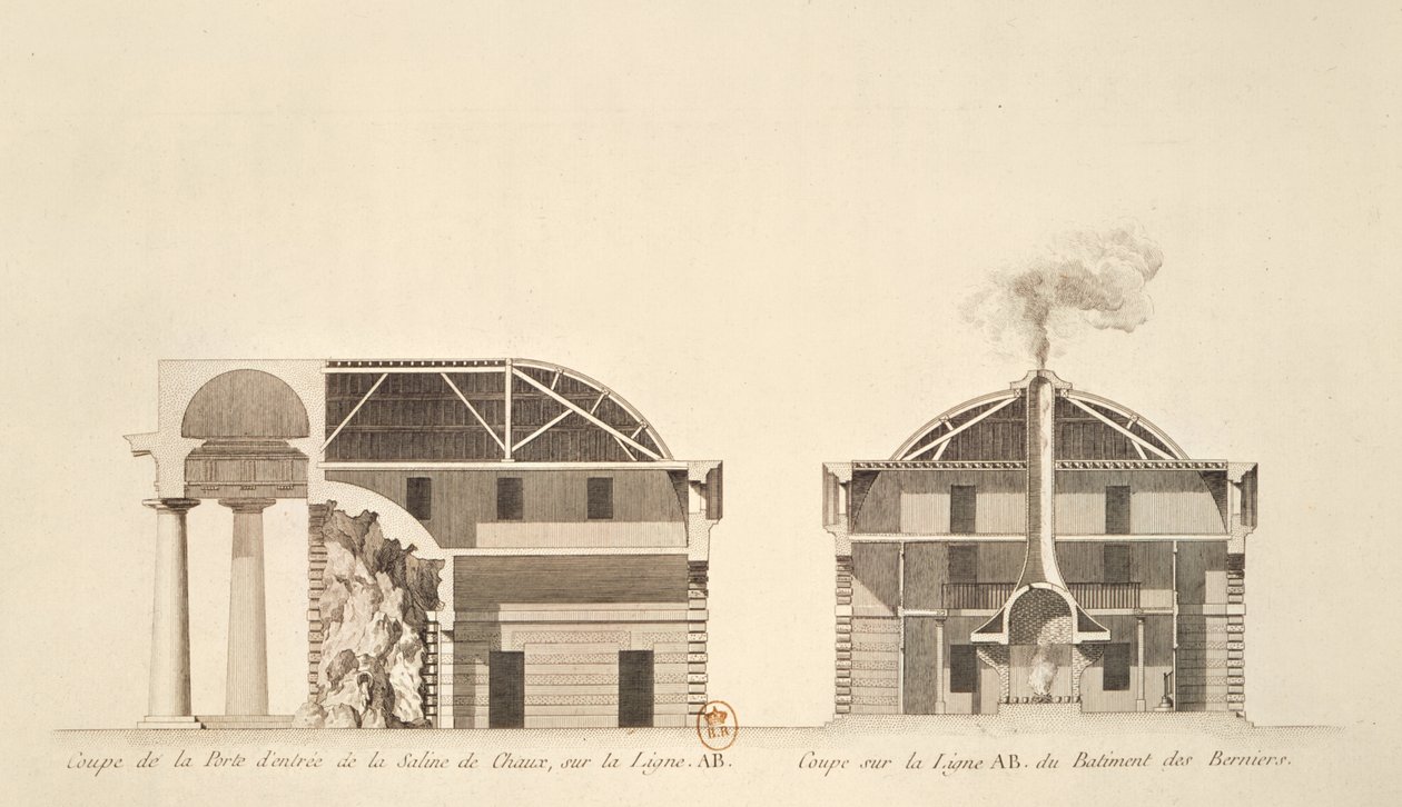 İdeal Chaux şehrinde tuz işlerine girişin kesiti, c.1801 by Claude Nicolas Ledoux