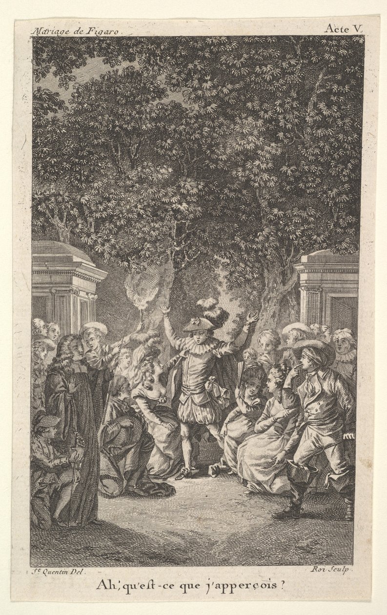 Genç bir çocuk bir bahçede ağaçların altında bir meşale tutuyor, ortada bir adam iki kolunu kaldırıyor, s..., yakl. 1784. by Claude Nicolas Malapeau