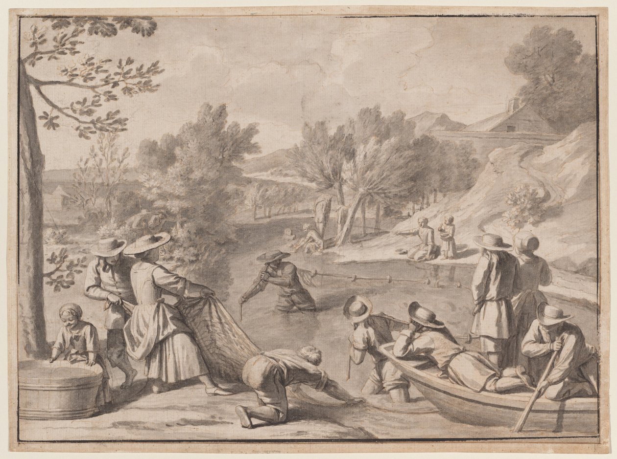 Ağustos: Balıkçılık, c.1700 (mürekkep) by Claude Simpol