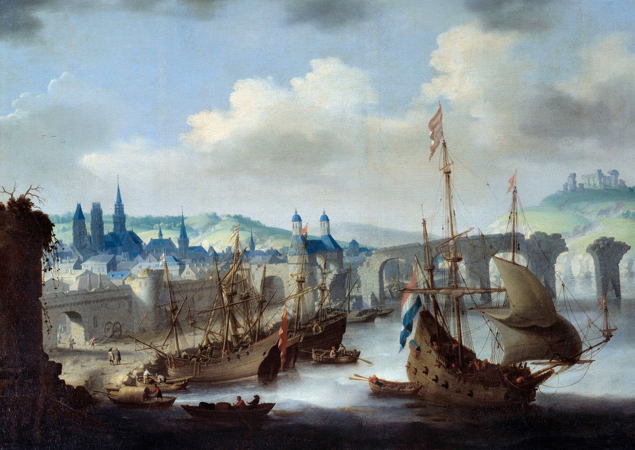Rouen şehrinin görünümü Gemiler Seine kıyısında demirli. Claude de Jongh tarafından boyama by Claude de Jongh