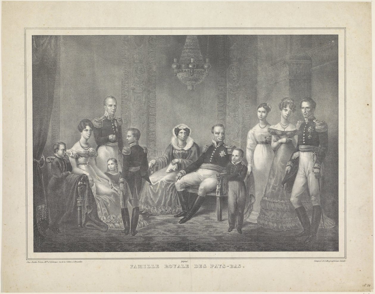 Hollanda Kralı William I Frederik, Prusya Wilhelmina, oğulları, eşleri, kızları ve dört torununun aile portresi by Claudio Linati