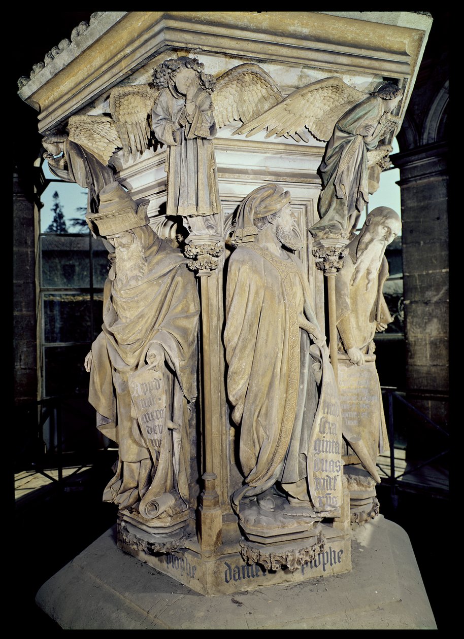 Well of Moses, detail showing the hexagonal pedestal with the figures of Daniel (centre) and Zacharias (left) 1395-1404  by Claus and Malouel, Jean Sluter
