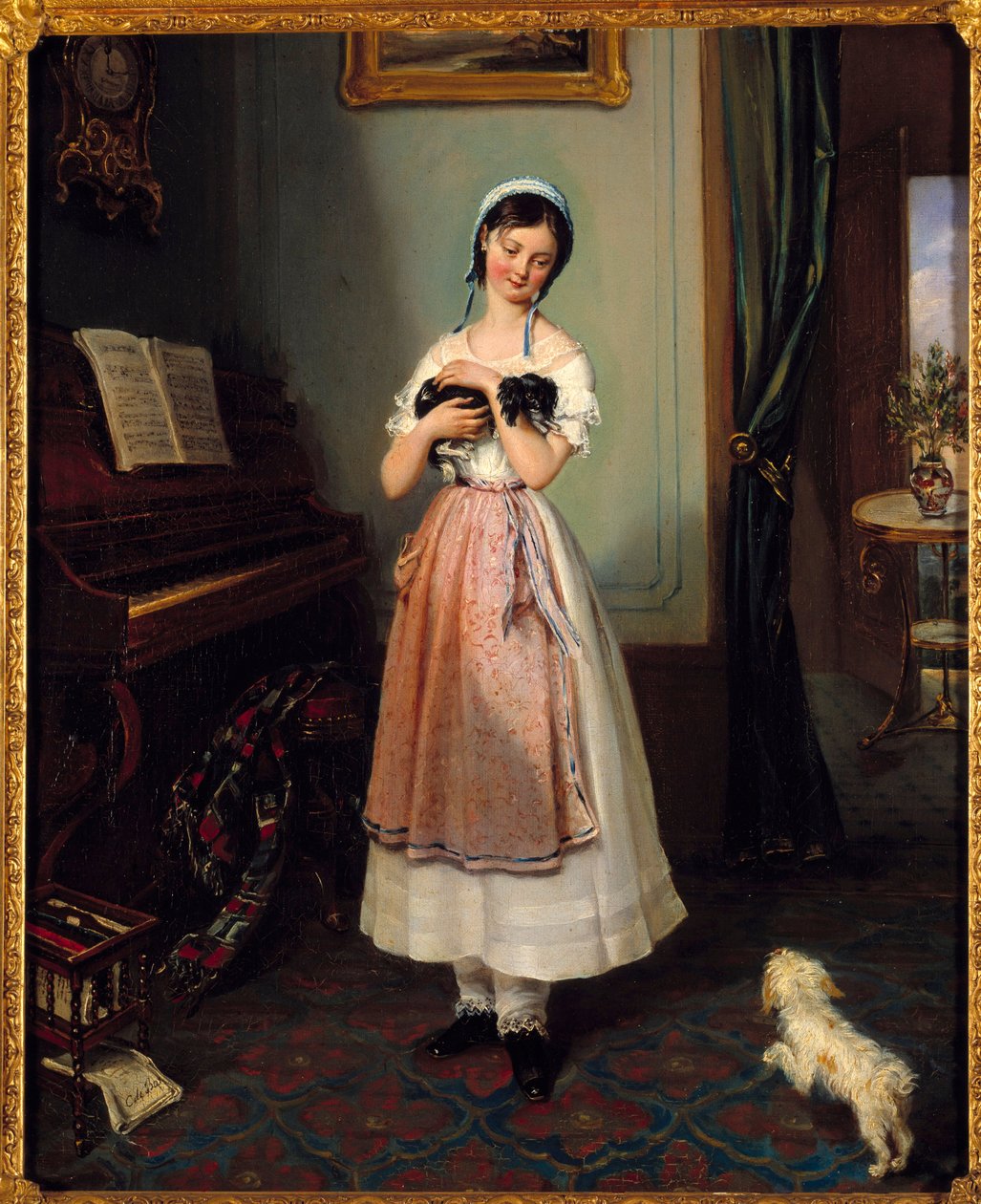 Burjuva bir iç mekanda iki köpeği olan genç bir kız. Tablo Clementine de Bar (1807-1856) 19. yüzyıl Paris, Galerie Garoche by Clementine de Bar