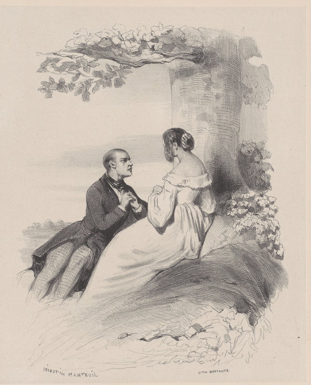 Yüzü Saçla Saklanan Kadına Evlenme Teklifi Eden Erkek, ca. 1830-65. by Célestin Nanteuil