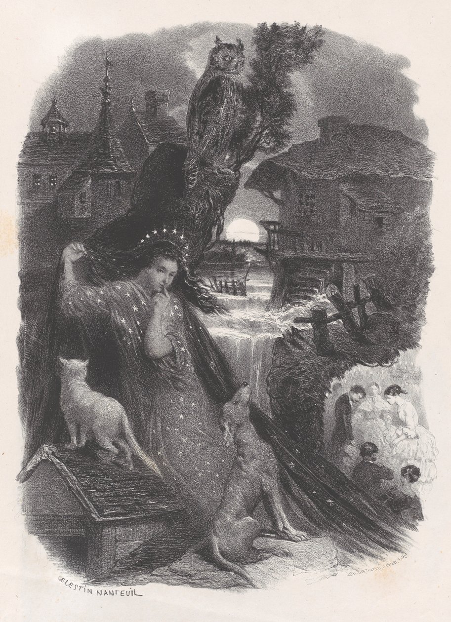 Gece, 18. yüzyıl kostümü içinde gül toplayan kızın skeç, ca. 1830-65. by Célestin Nanteuil