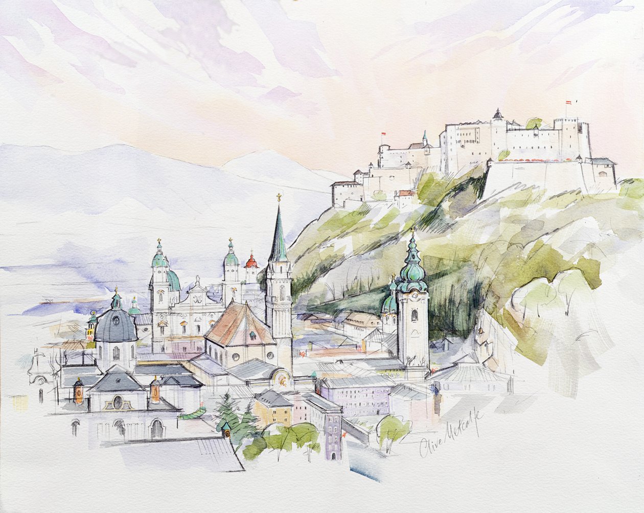 Salzburg Sunrise (kağıt üzerinde wc) by Clive Metcalfe