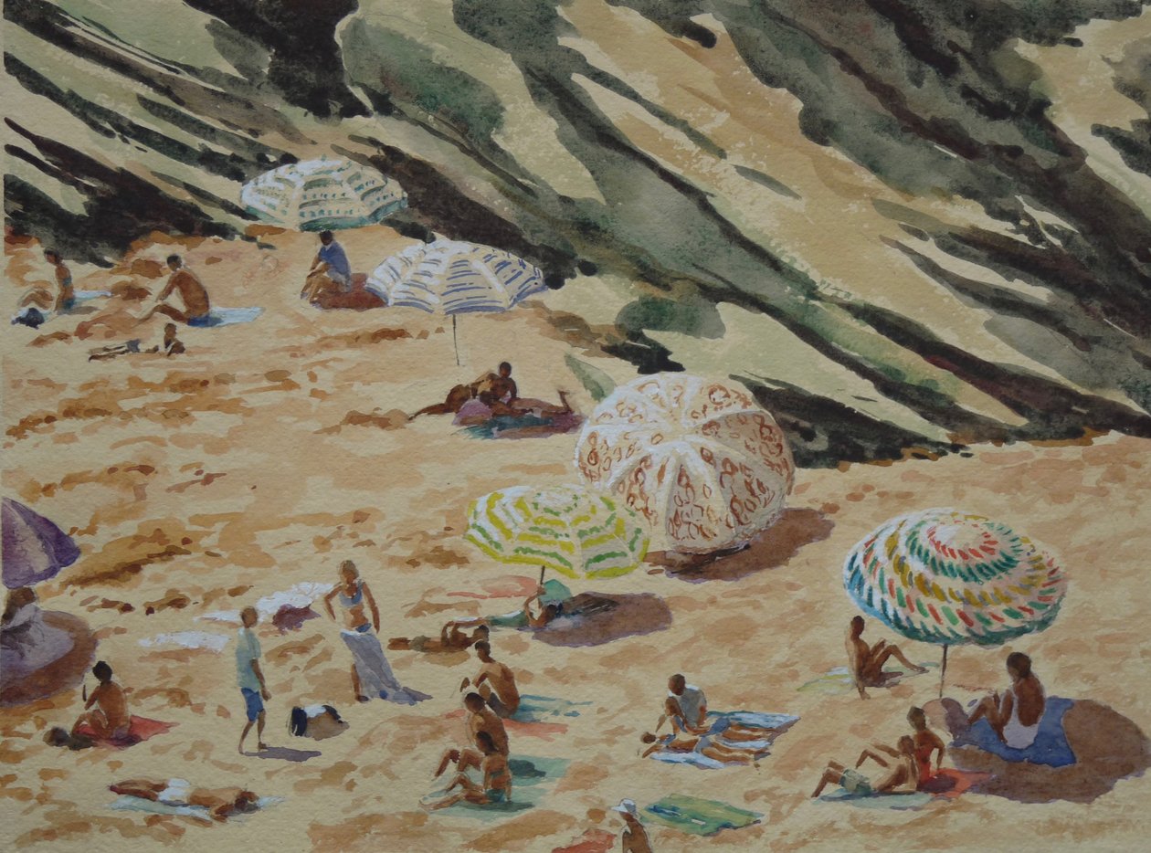 Plaj, kayalar ve şemsiyeler by Clive Wilson