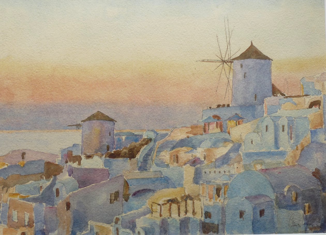 Santorini Oia – Gün Batımı, Aydınlatma Zamanı, 2019 (suluboya) by Clive Wilson