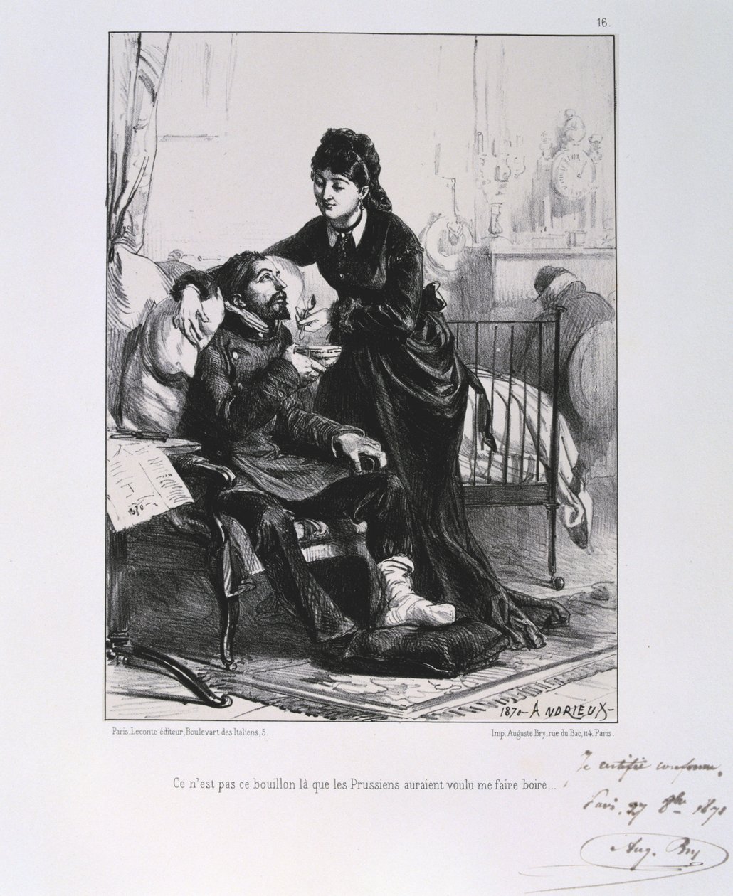 Franco-Prussian War 1870-1871: A wounded soldier being nursed and nourished. From a series of lithographs by Clement August Andrieux on the Gardes Nationales. by Clément Auguste Andrieux