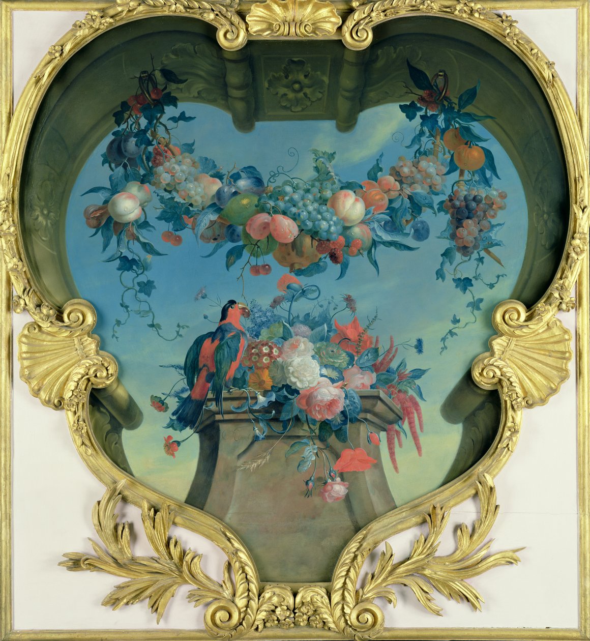 Çiçekler ve Kırmızı-Yeşil Papağan ile Bir Kaide Üzerine Sarkan Meyve Festonu, c. 1730-31 by Coenraet Roepel