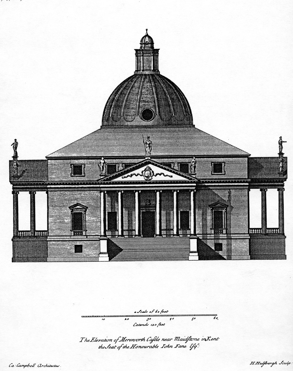 Elevation of Mereworth Castle, engraved by H. Hulsbergh, c.1722-24  by Colen Campbell