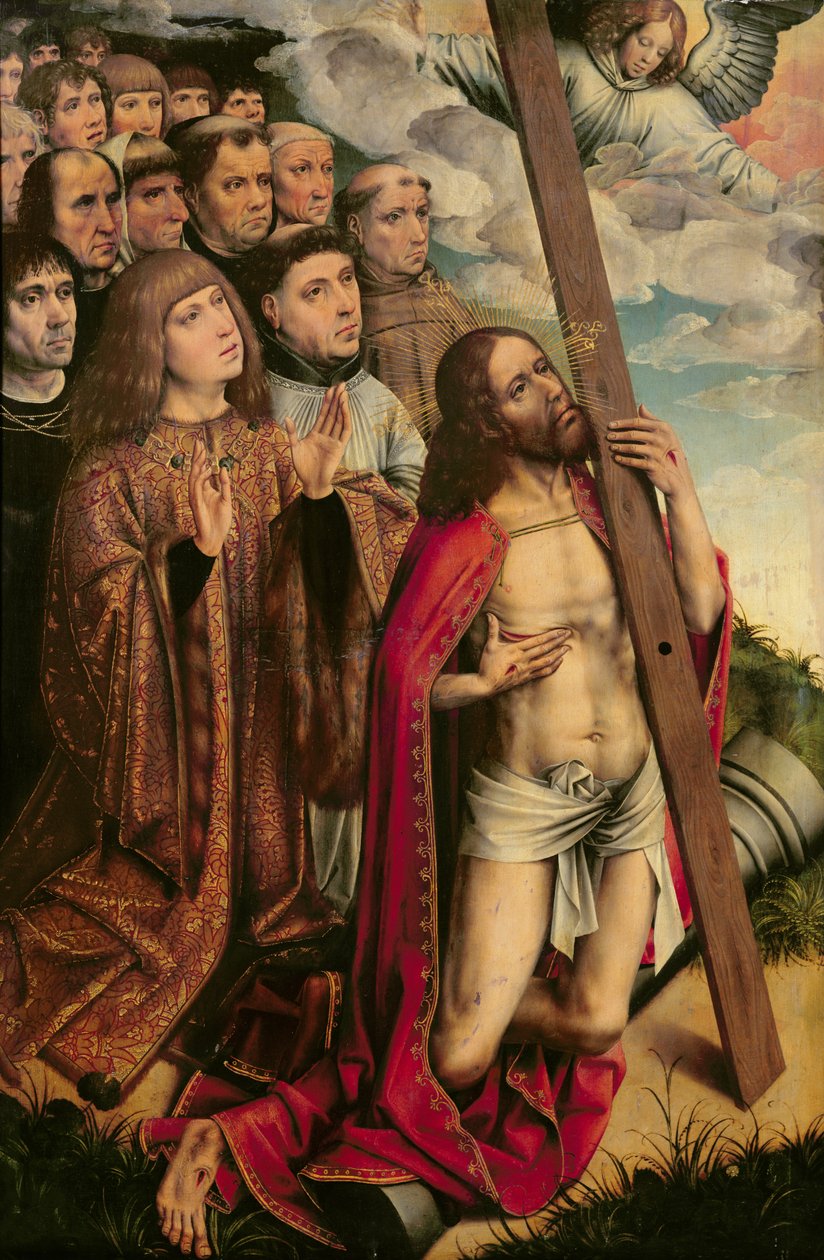 Christ the Mediator with Philip the Handsome (1478-1506) and his Entourage, left hand panel from an altarpiece  (see also 223221) by Colijn de Coter