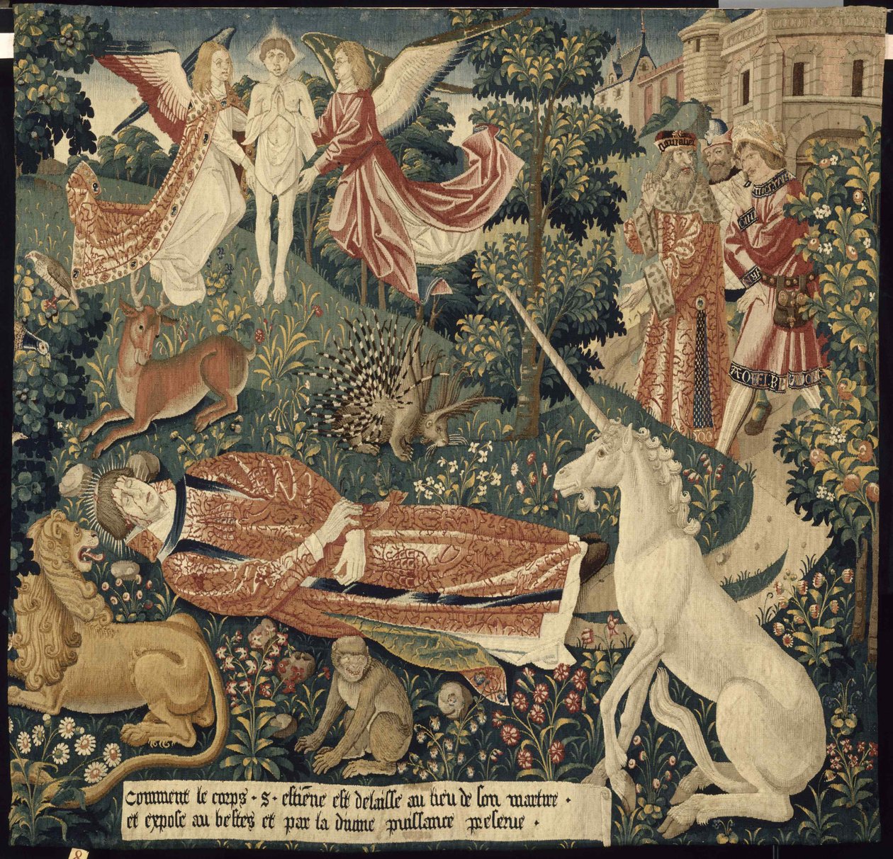 tek boynuzlu at. Gönderen: Aziz Stephen Asması. Sahne 8: Canavarlara maruz kalan şehidin cesedi, c. 1500. by Colijn de Coter after