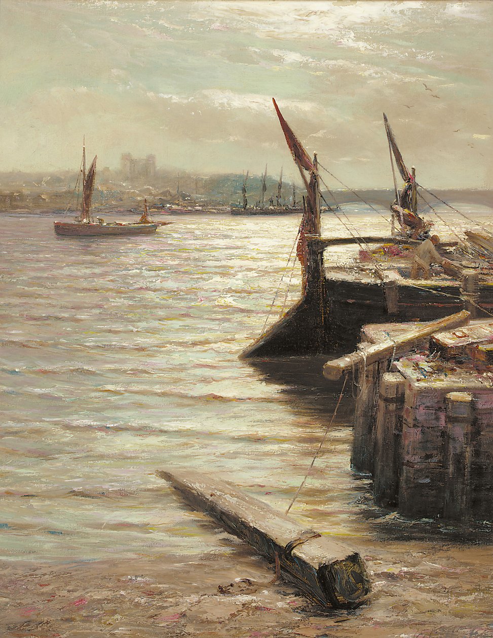 Nehir kıyısında demirlemiş mavnalar by Colin Hunter