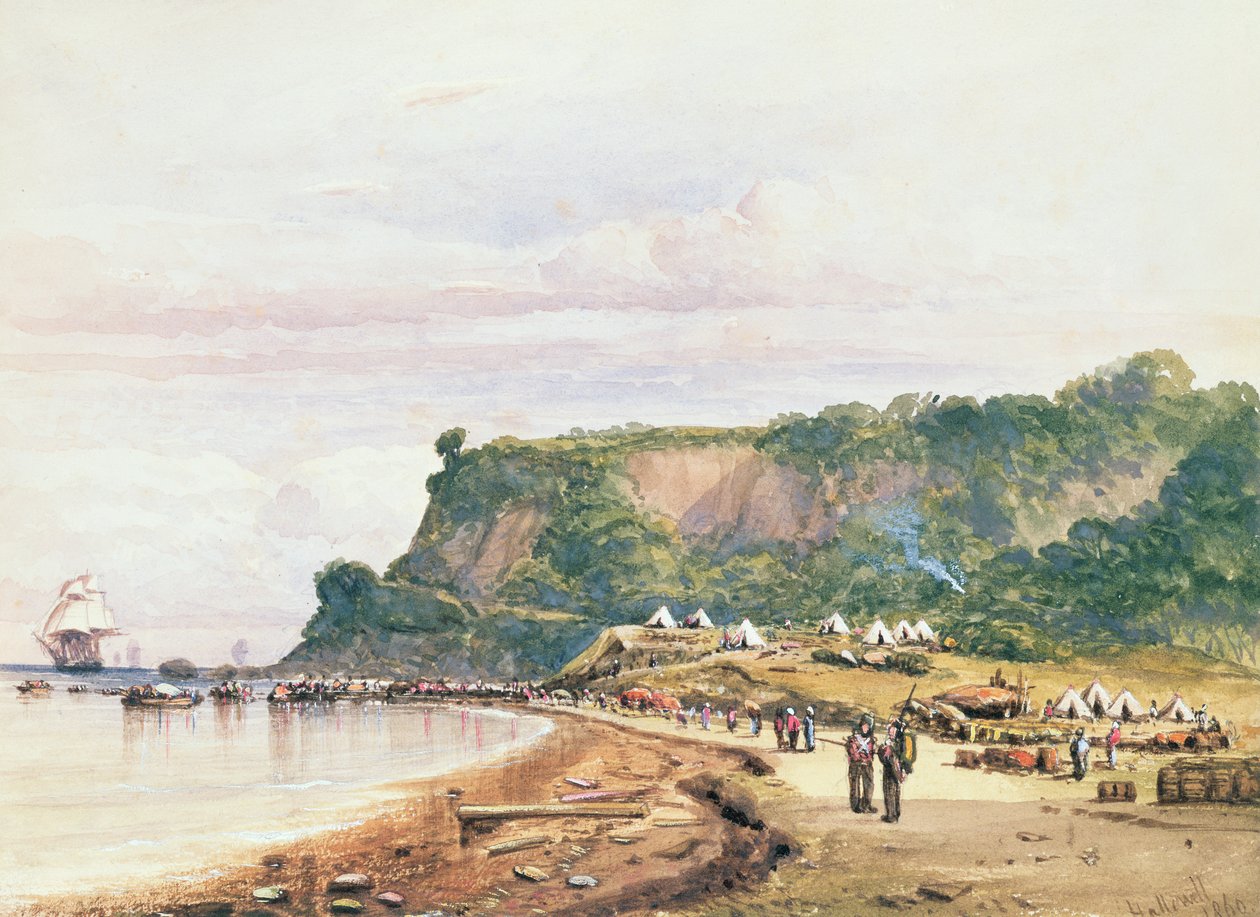 İngiliz ve Fransız Birliklerinin HMSBellerophon'dan Karadeniz'deki Varua'ya Çıkarması, 17 Temmuz 1854 Kırım Savaşı'nda (sulu boya) by Colonel Ben Hallewell