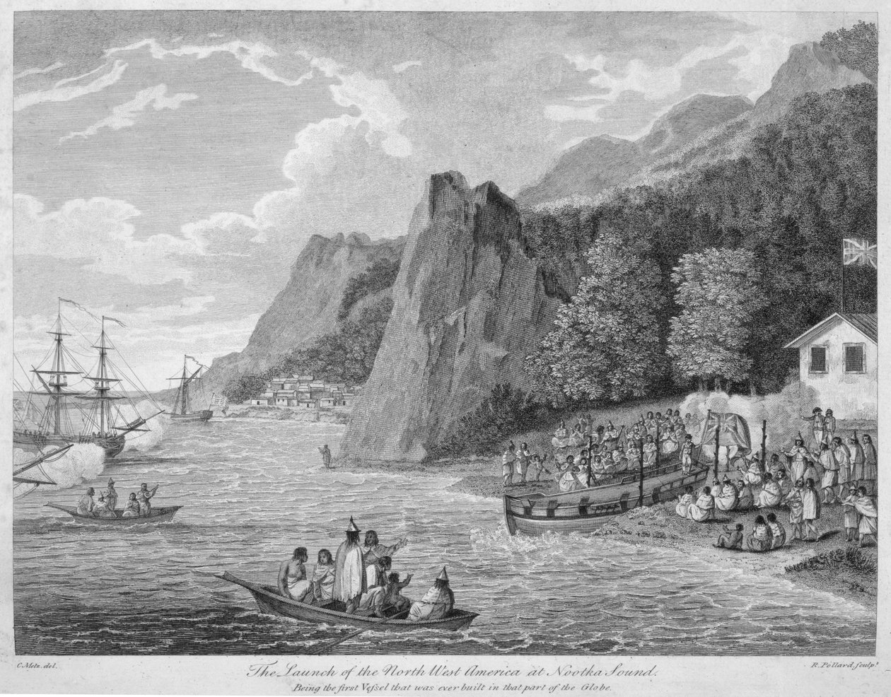 Robe tarafından kazınmış Kaptan John Meares (1756-1809) tarafından 'Çin'den Amerika'nın Kuzey Batı Kıyısına 1788 ve 1789 Yıllarında Yapılan Yolculuklardan' Nootka Sound'da Kuzey Batı Amerika'nın Lansmanı by Conrad Martin Metz
