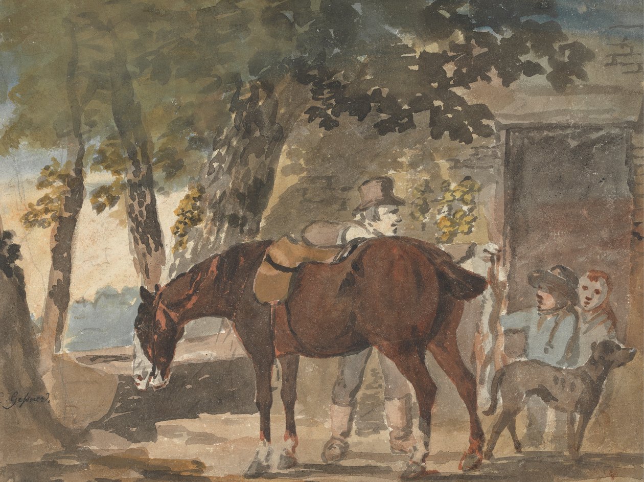 Bir Kulübenin Dışındaki At, Köpek ve Figürler by Conrad Gessner