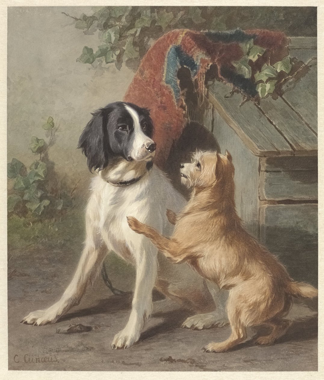 Bir kulübede iki köpek by Conradijn Cunaeus