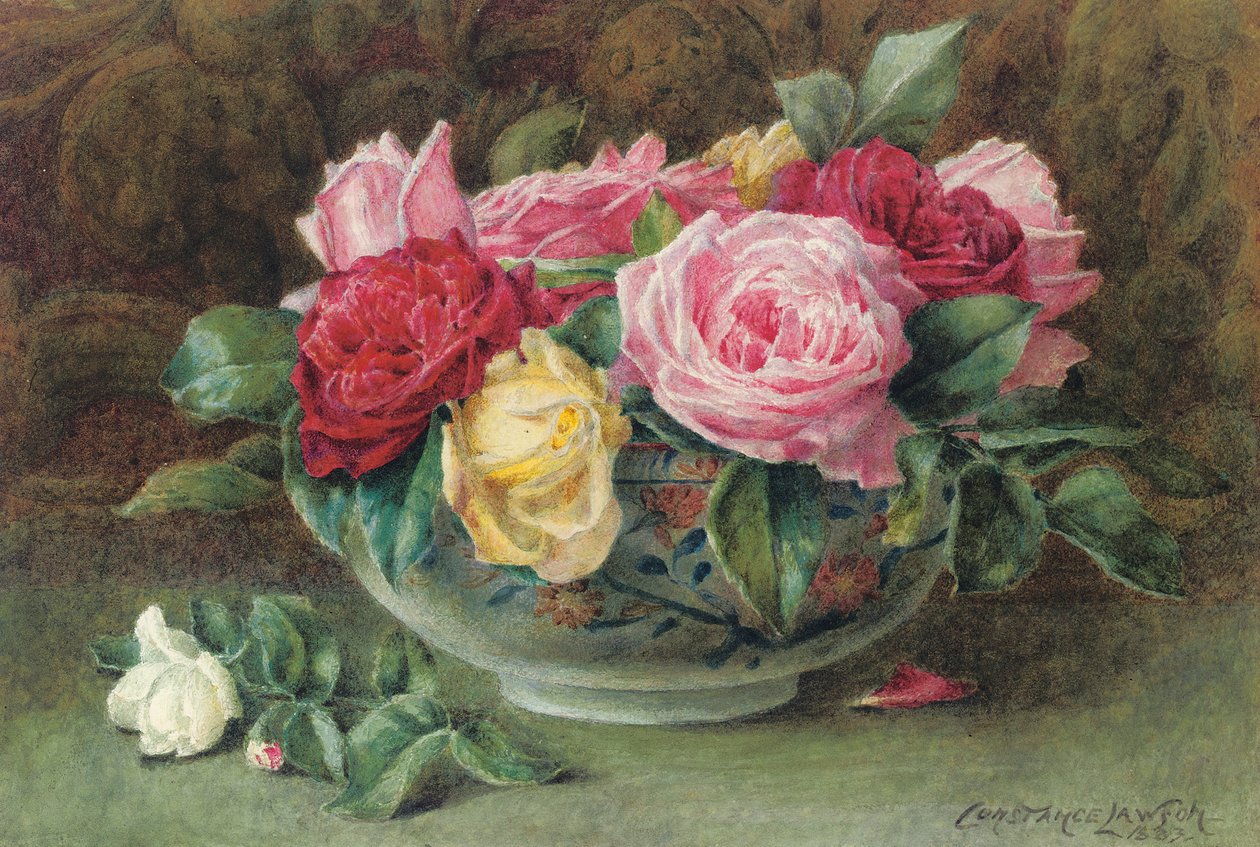 Bir kase pembe, sarı ve kırmızı güllü natürmort, 1883 by Constance Lawson