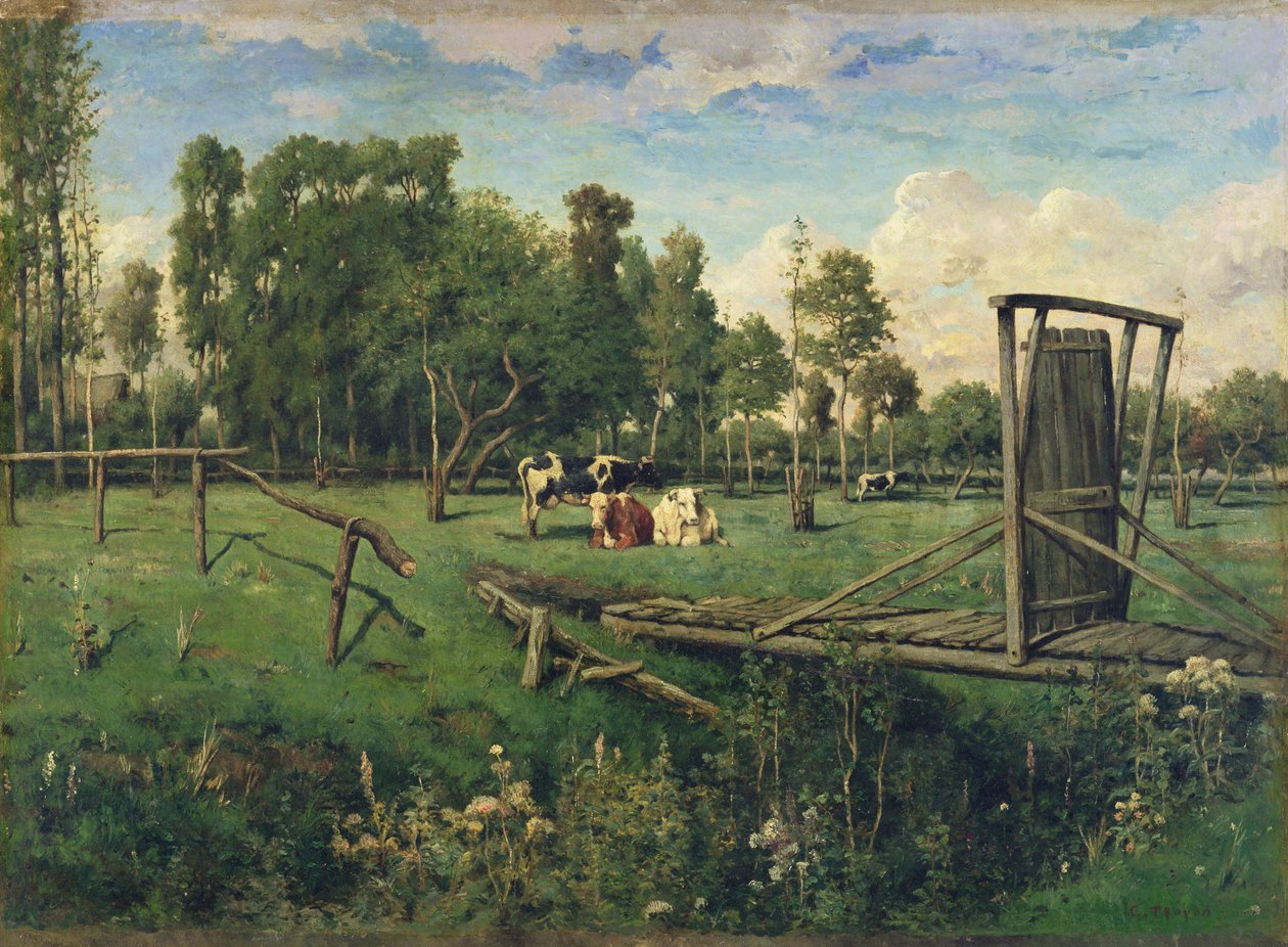 Normandiya'da Bir Otlak (tuval üzerine yağlıboya) by Constant Emile Troyon