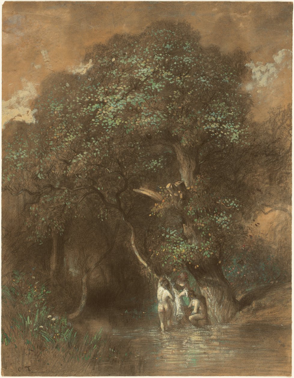 Bathers by a Giant Oak, c.1842-1844 (kağıt üzerine karakalem) by Constant-Emile Troyon