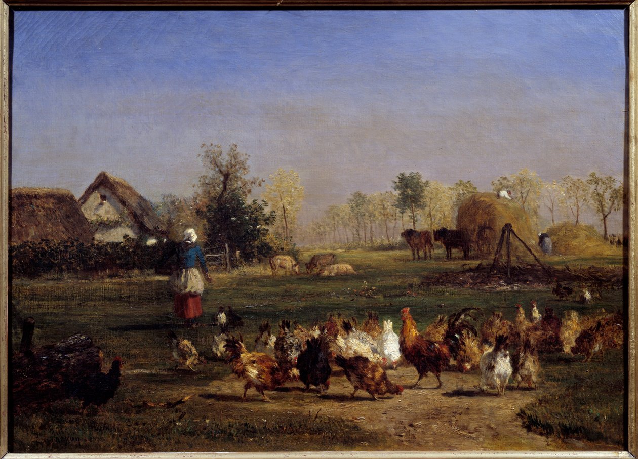 La provende des hens La basse cour (Basse-cour). Constant Troyon (1810-1865) 19. yüzyıl Güneşi tarafından yapılan resim. 0,51x0,7 m - Tavukların yemi. Çiftlik Bahçesi. Constant Troyon