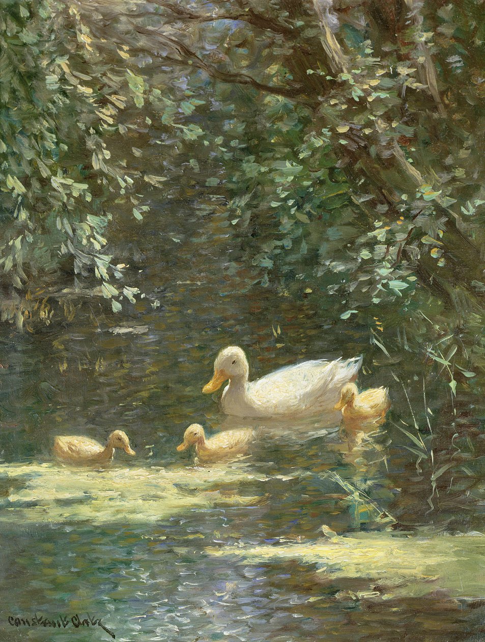 Suda Ördek Yavrusu ile Anne Ördek (tuval üzerine yağlı boya)e by Constant Artz