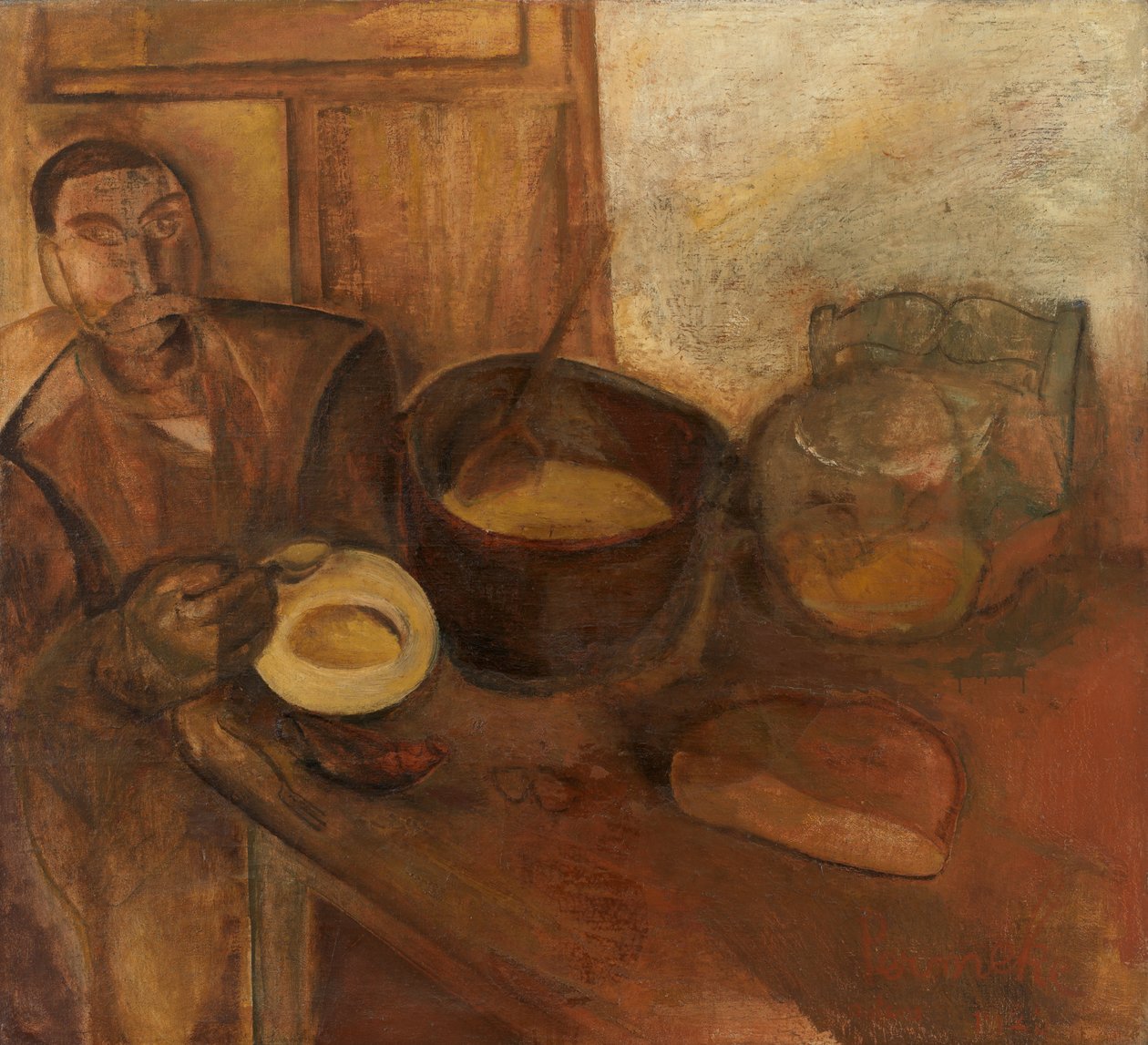 Süt Çorbası yiyen adam (tuval üzerine yağlı boya) by Constant Permeke