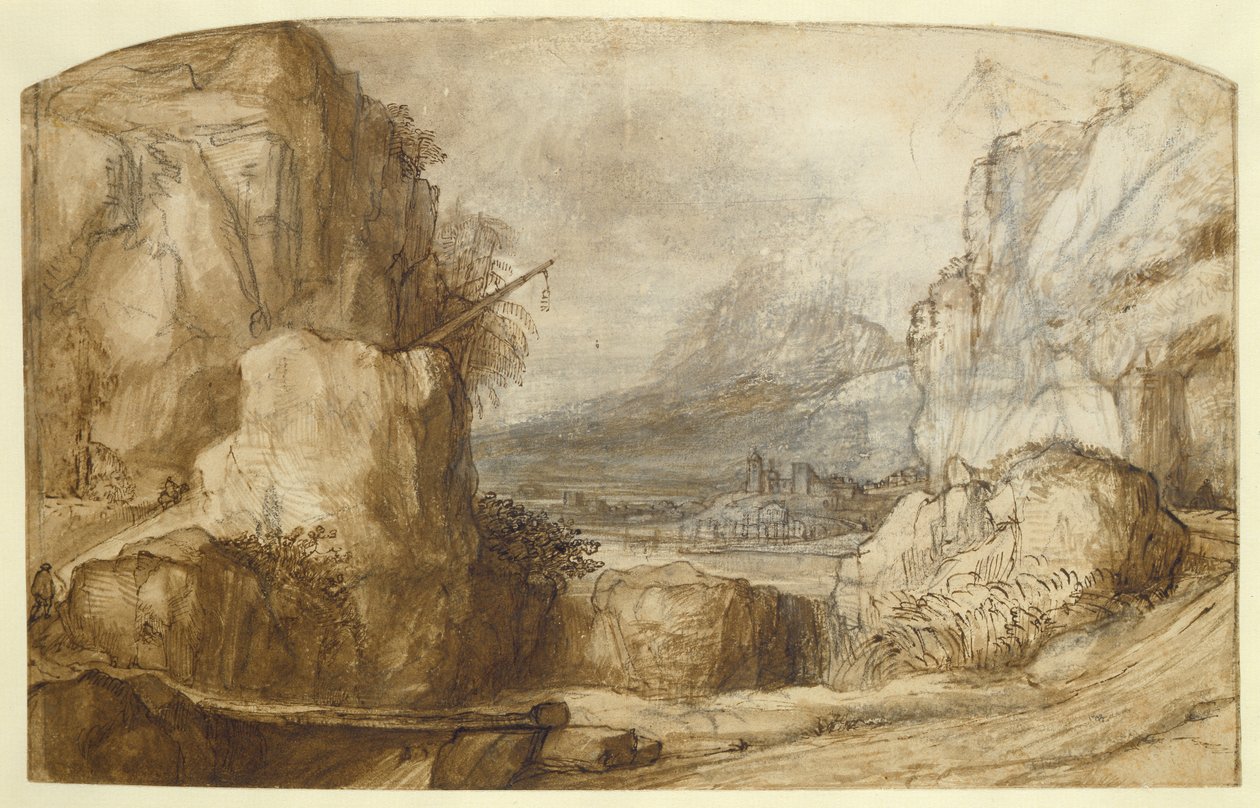 Dağlık Manzara (kalem, kahverengi mürekkep, kağıt üzerinde fırça ve tebeşir) by Constantin Daniel van Renesse