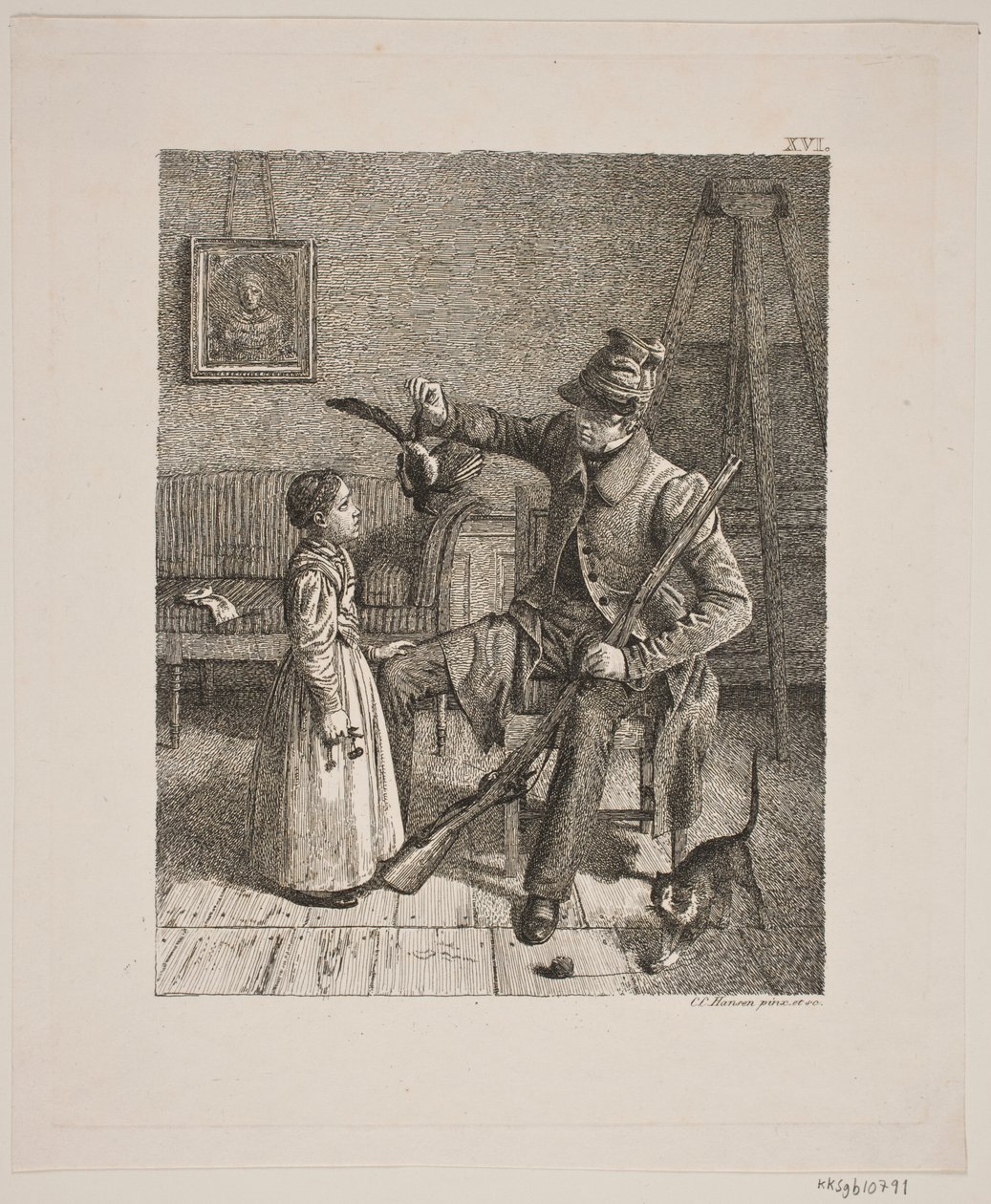 Küçük bir kıza avını gösteren bir avcı by Constantin Hansen