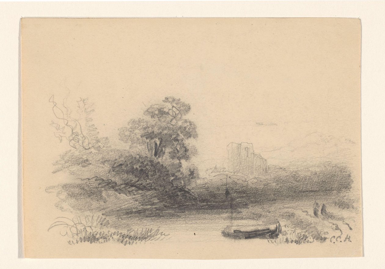 Su ve kürek teknesi ile manzara by Constantinus Cornelis Huysmans (signed by artist)