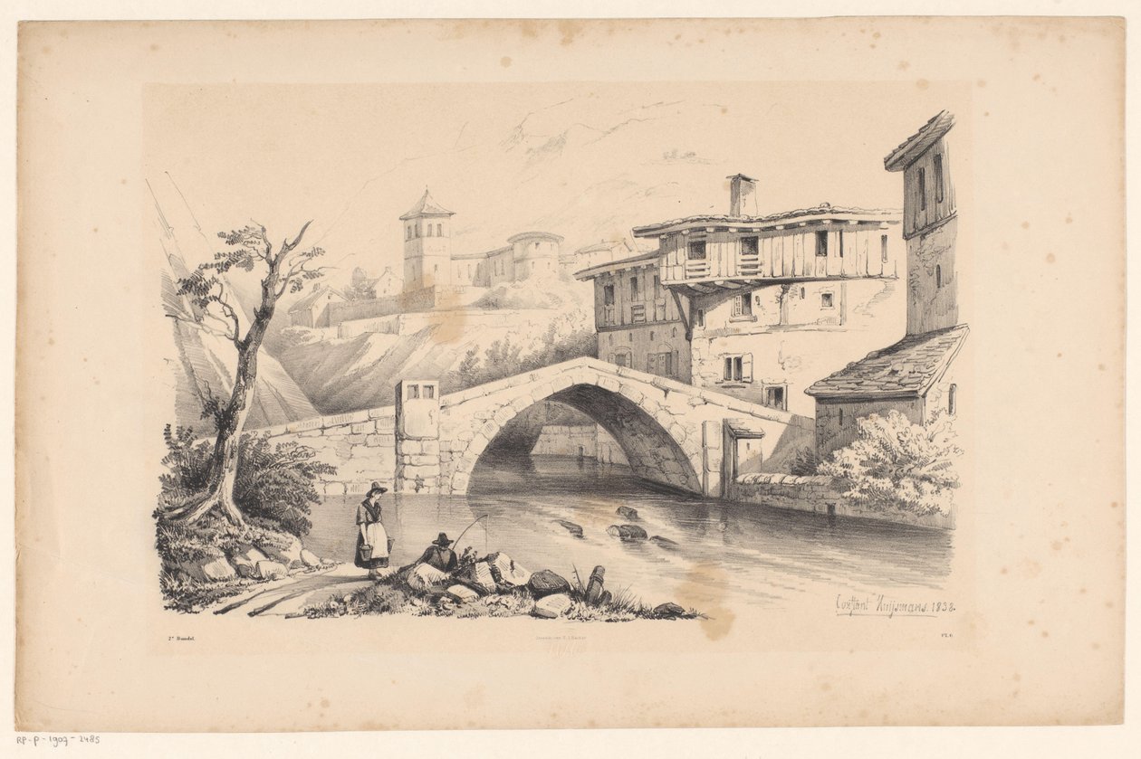 Dağ köyünde nehir üzerinde köprü Manzara (dizi adı) by Constantinus Cornelis Huysmans
