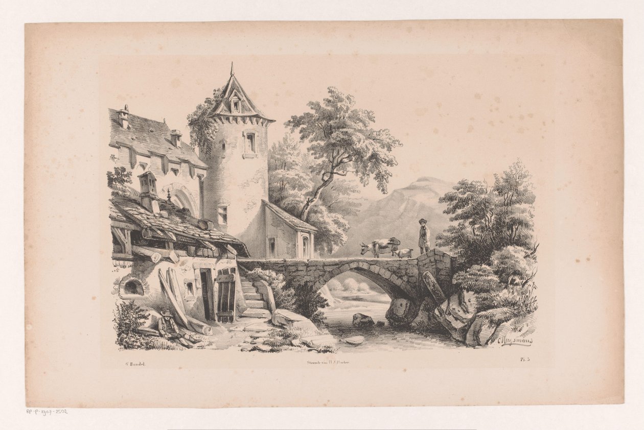 Dağ manzarasında evler ve köprü Manzara (dizi adı) by Constantinus Cornelis Huysmans