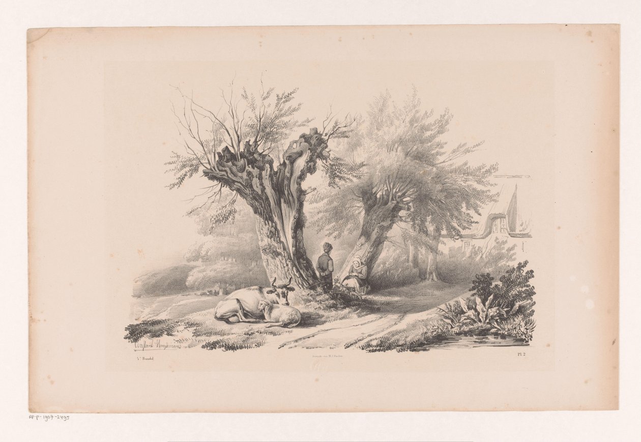 Dinlenme erkek ve kadın ile köy yolu Manzara (dizi adı) by Constantinus Cornelis Huysmans