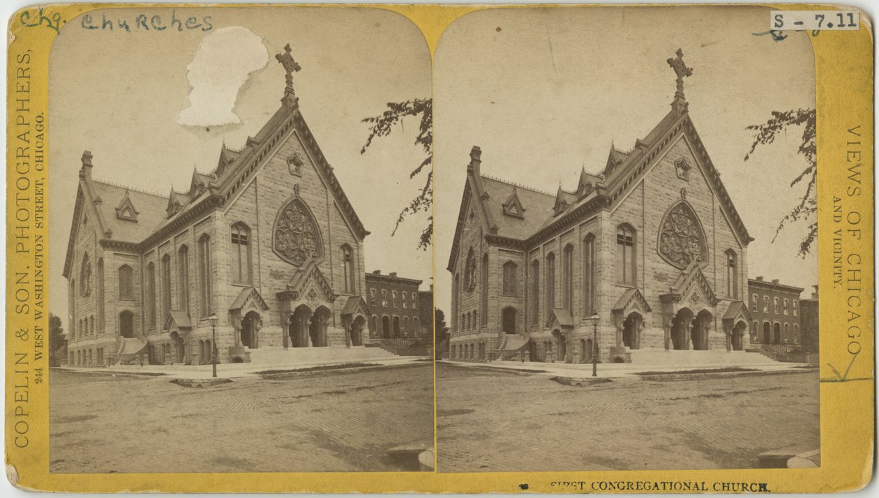 Birinci Cemaat Kilisesi Stereografı, Chicago, 1870 dolayları (kart yuvasındaki bw fotoğraf) by Copelin and Hine Copelin and Hine