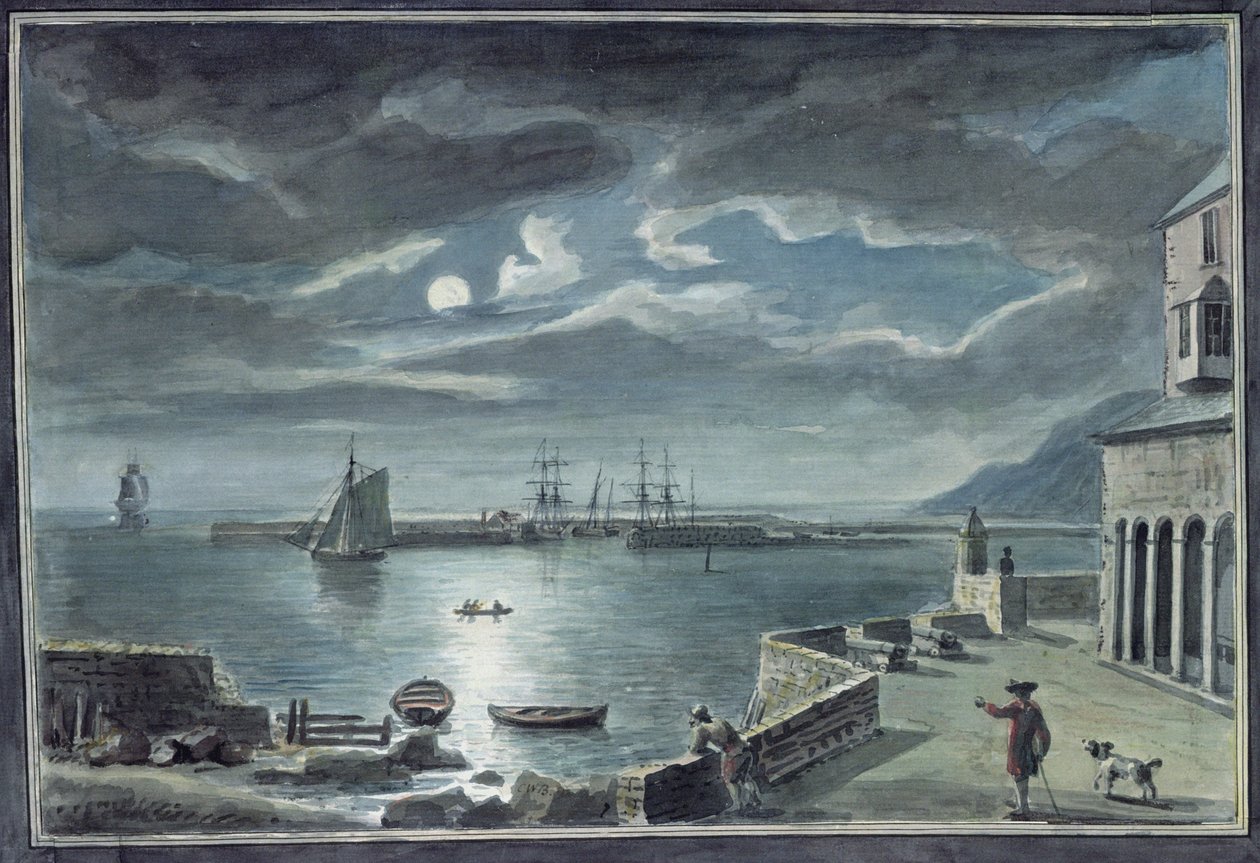 Liman ve Cobb, Lyme Regis, Dorset, Moonlight tarafından by Copplestone Warre Bamfylde