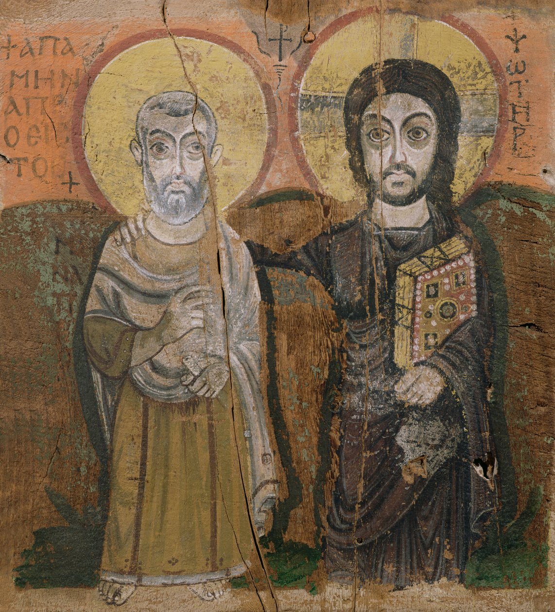 Icon depicting Abbott Mena with Christ, from Baouit, 6th-7th century (tempera on panel) by Coptic