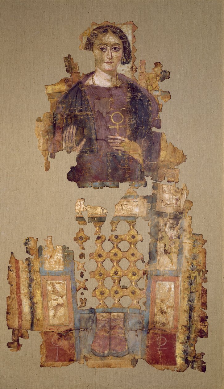 Ankh tutan bir kadını tasvir eden kefen, Antinoe'den, 3.-4. yüzyıl (boyalı kumaş) by Coptic
