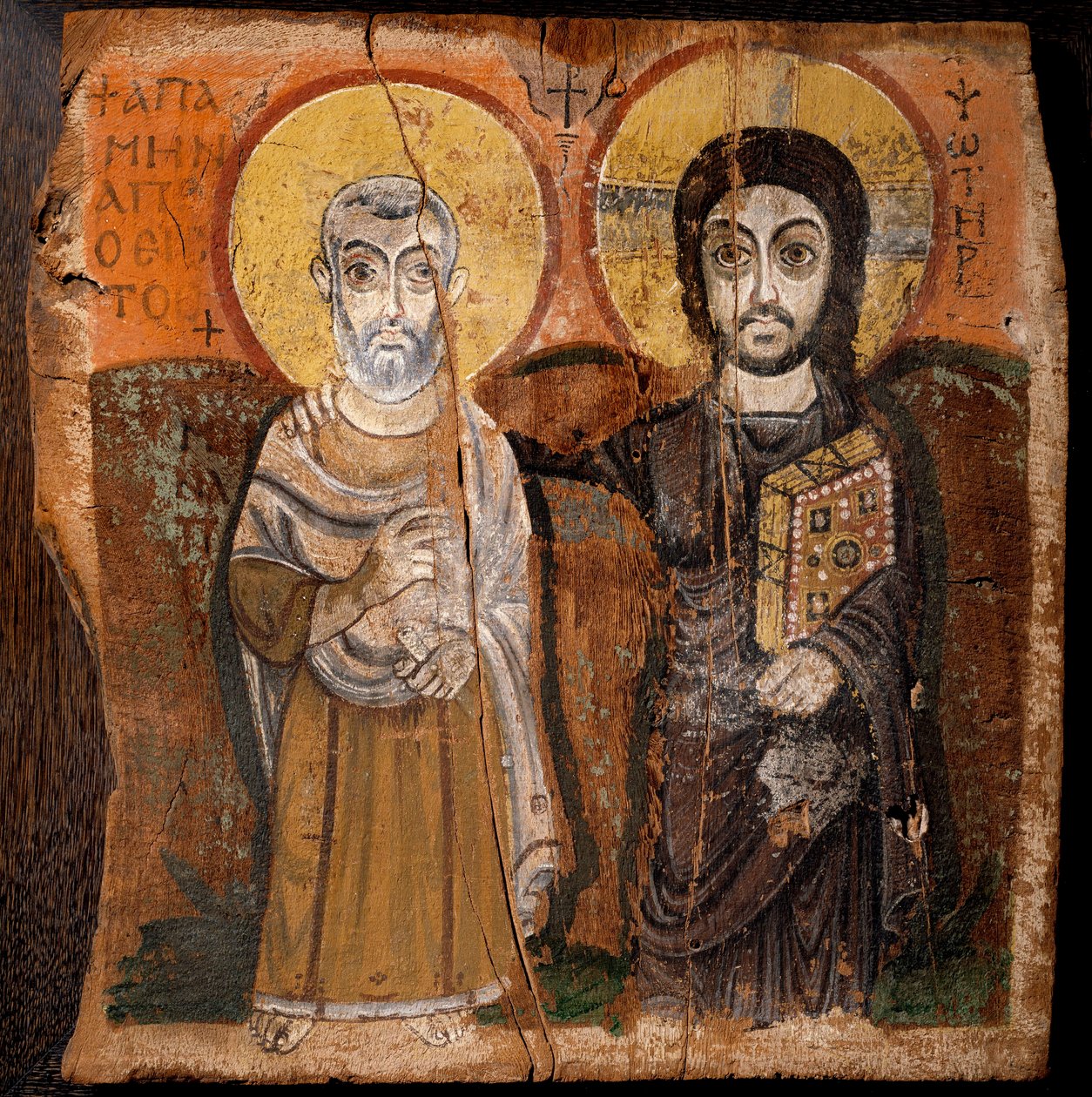 Kıpti Sanatı: “” İsa ve Abbe Mena”” Aziz Menas (Minas, Mina, Mena, Mennas), 3. yüzyılın Mısır şehidi. 6. veya 7. yüzyıla ait ahşap (incir ağacında detrempe) üzerine boya parçası Dim: 57x57cm. Mısır