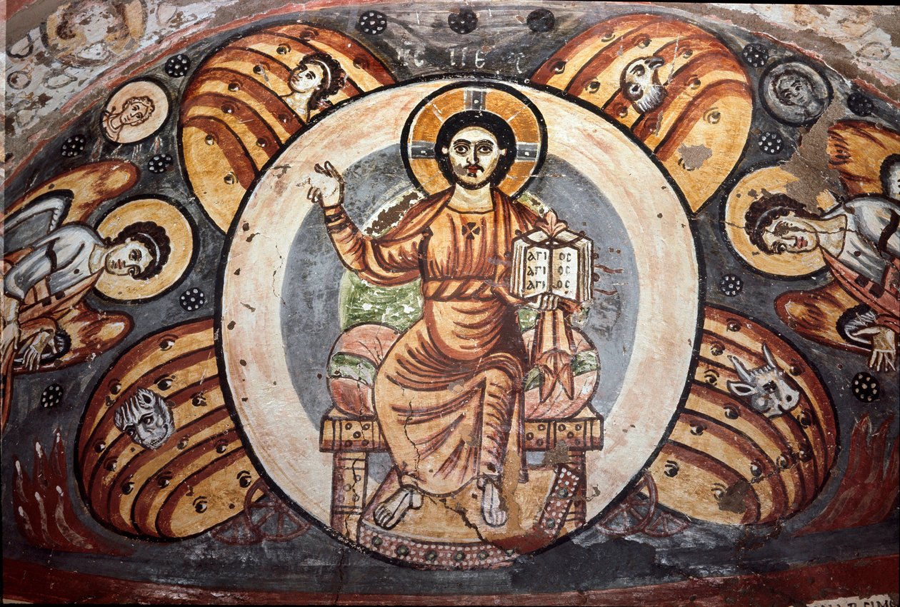 Kıpti sanatı: “Majesteleri (görkemle) Mesih””. Dört müjdecinin sembolleri (Tetramorf: Melek, Kartal, Boğa ve Aslan). Bir nişi süsleyen fresk, 5-6. yüzyıl. Kahire, Kıpti Müzesi, Mısır by Coptic Coptic