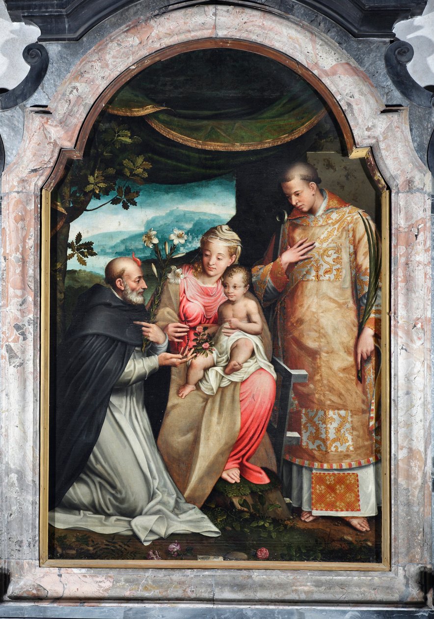 Saint Vincent Ferrier (1350-1419) ile Zaragozalı Saint Vincent (4. yüzyıl) arasındaki Bakire ve Çocuk (Vincent of Zaragoza ve Vincent Ferrer ile çocuklu bakire) Tablo Coriolano Malagavazzo (16. yüzyıl) 1595 Elatellani Şapeli, Bazilika by Coriolano Malagavazzo