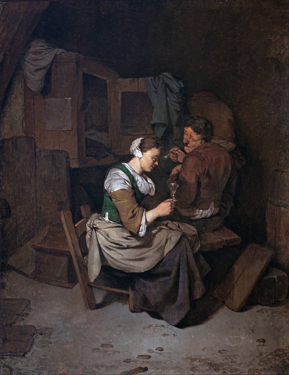Şarap kadehi olan kadın ve iki erkek köylü by Cornelis Pietersz Bega