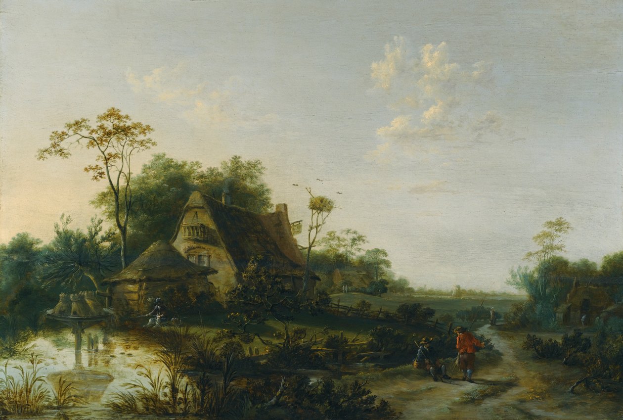 Bir kulübenin ve bir göletin yanından geçen figürlerle manzara by Cornelis Snellinck
