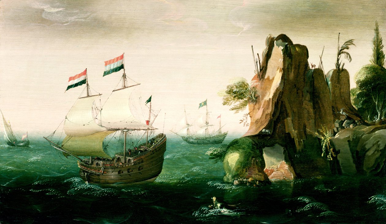 Kayalık Bir Sahilde Bir Hollandalı Tüccar Gemisi by Pieter Cornelisz. Verbeeck