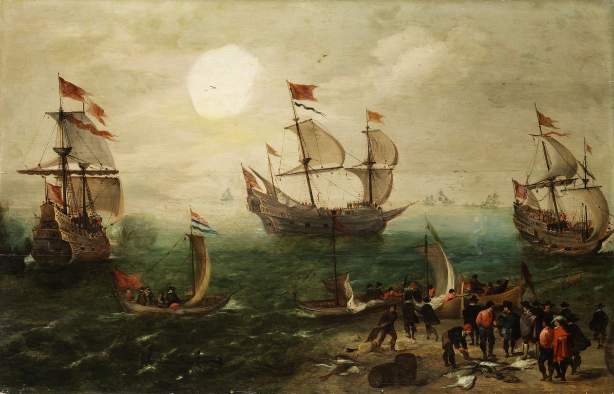Üç büyük yelkenli gemi ile deniz parçası by Pieter Cornelisz. Verbeeck