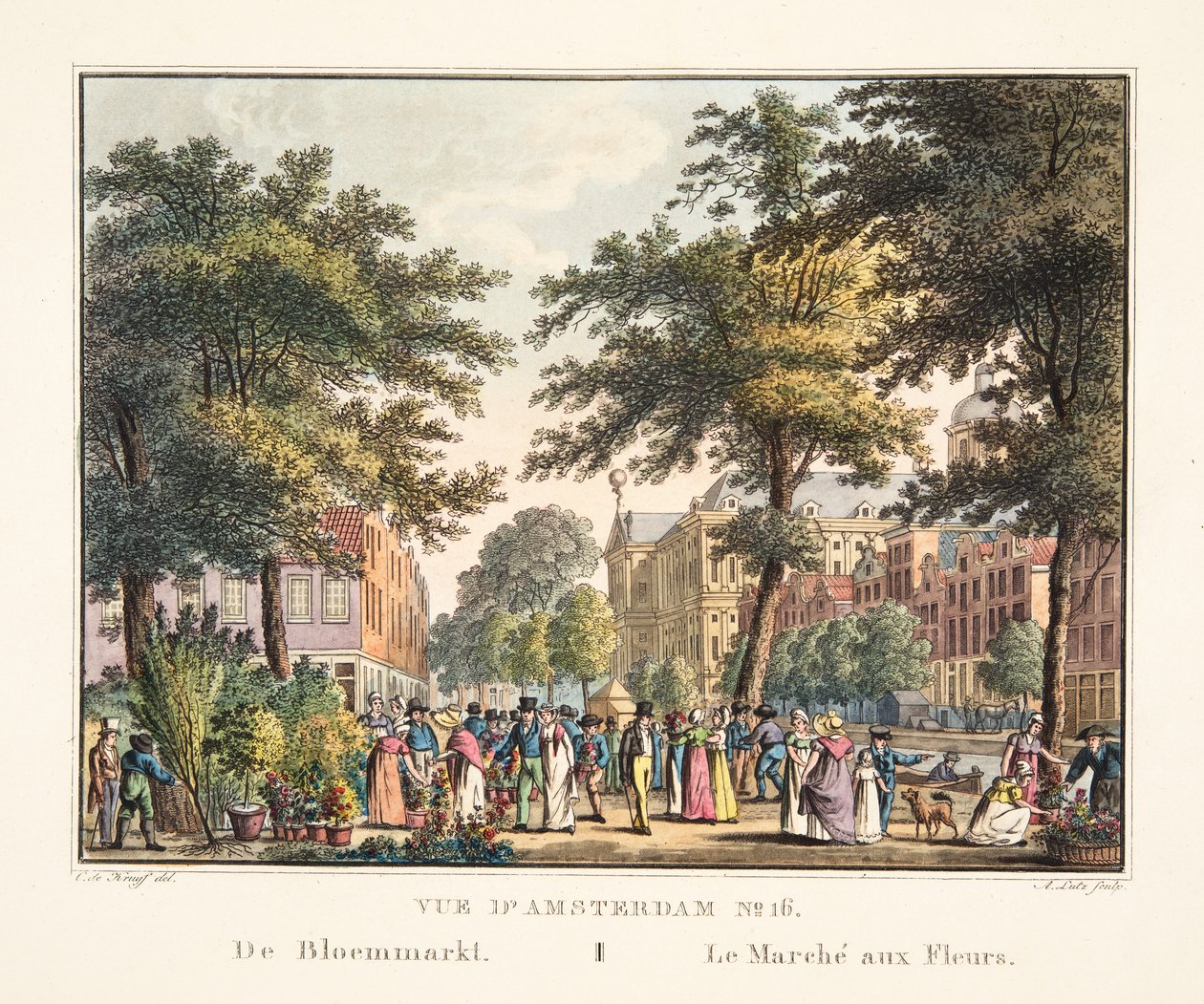 Amsterdam No.16'nın görünümü. Bloemmarkt'tan. Çiçek Pazarı, 1825 (el boyaması gravür) by Cornelis de Kruyff