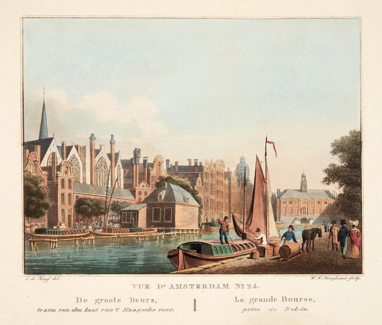 Amsterdam No.24'ün görünümü. De groote Beurs, tezien van den kant van't Kaagsche veer. La grande Bourse, Rok-in'den alınmış, 1825 (el renkli gravür) by Cornelis de Kruyff
