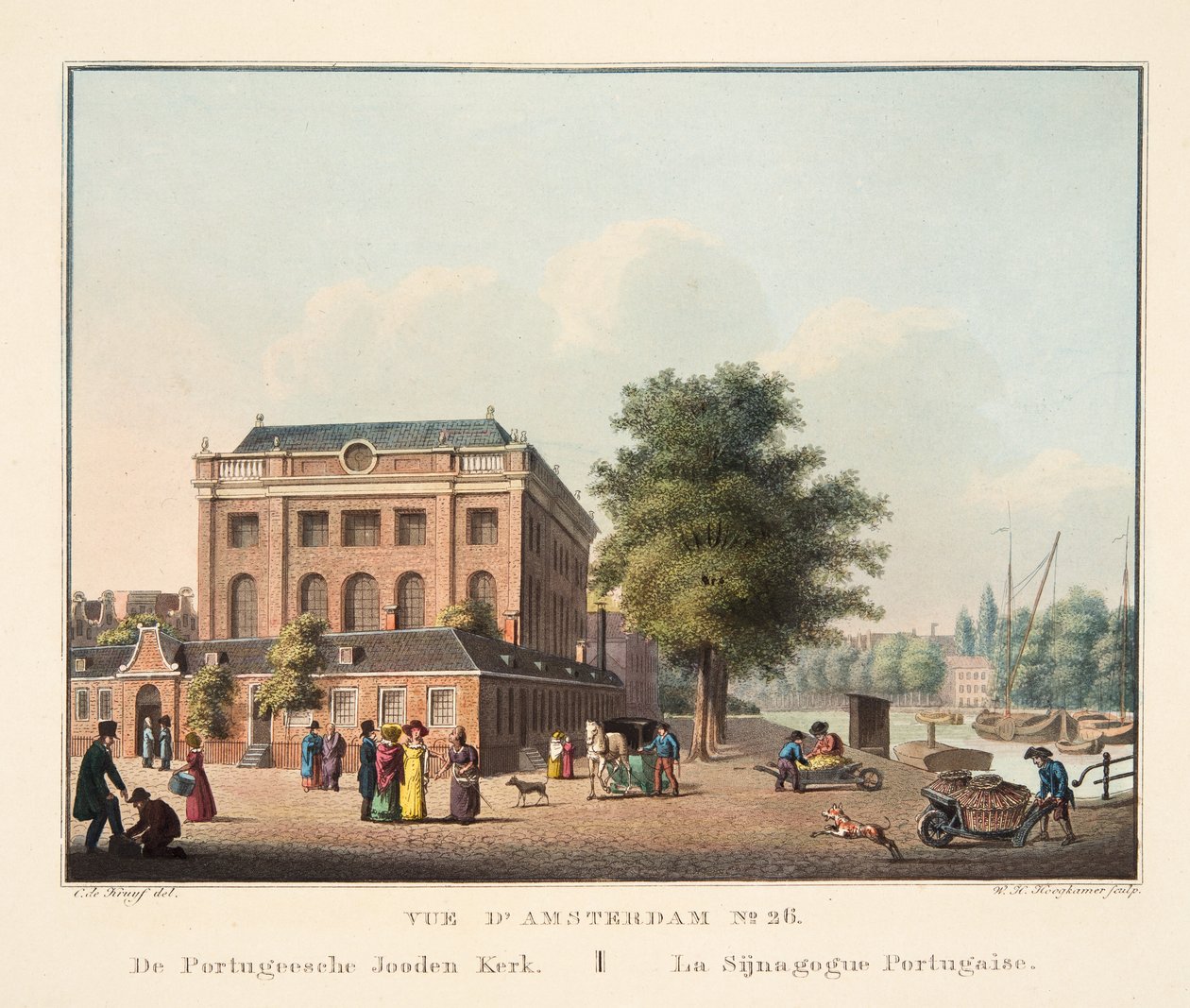 Amsterdam No.26'nın görünümü. Portugeesche Jooden Kerk'ten. La Sijnagogue Portugaise, 1825 (el renkli gravür) by Cornelis de Kruyff