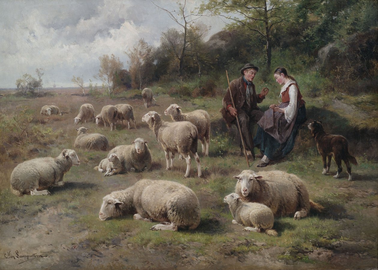 Mera sürüsü ile çoban çift by Cornelis van Leemputten