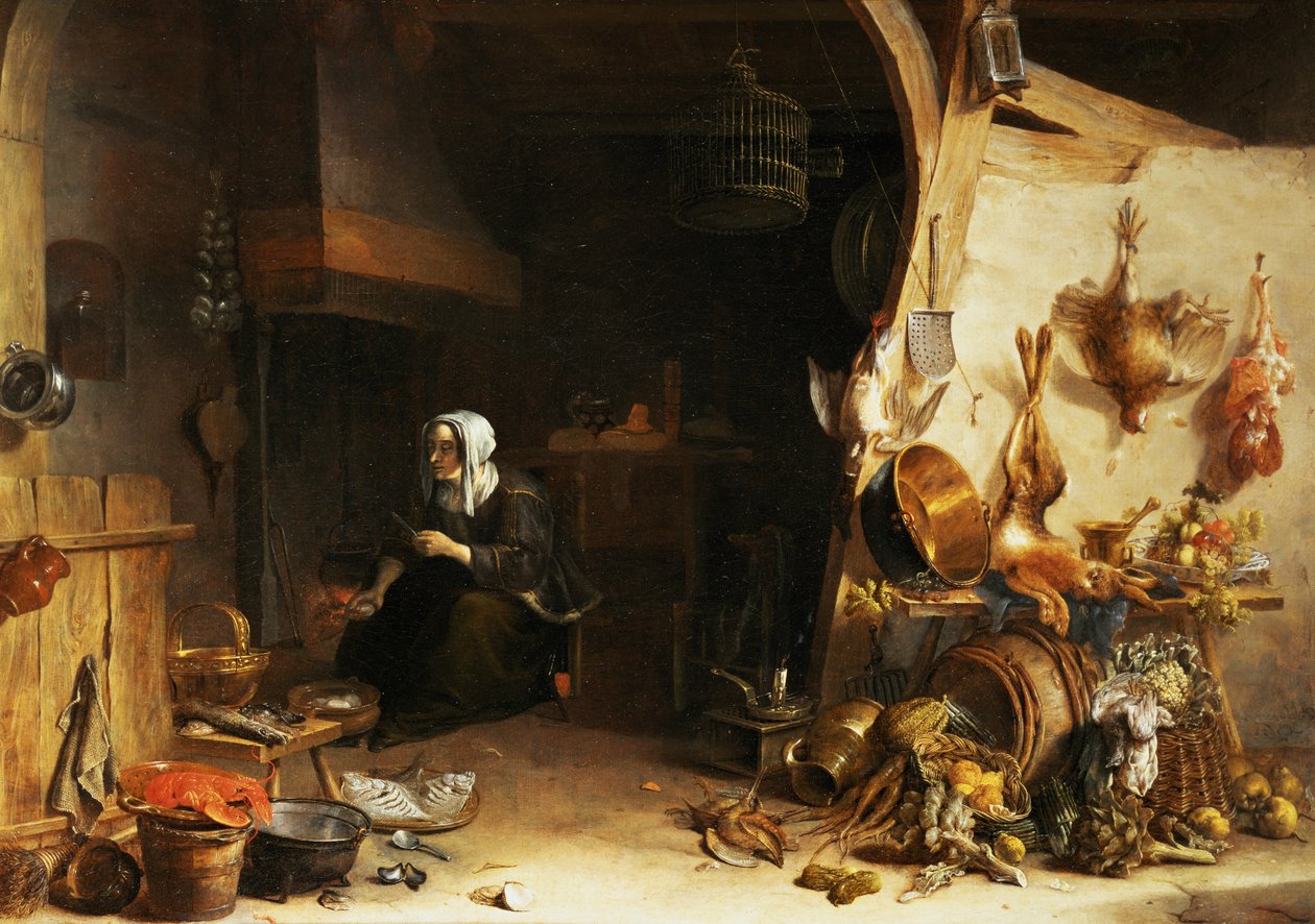 Mutfak Gereçleri, Sebzeler ve Bir Tabakta Istakozla Çevrili Hizmetçi Kızla Bir Mutfak İçi by Cornelis van Lelienbergh